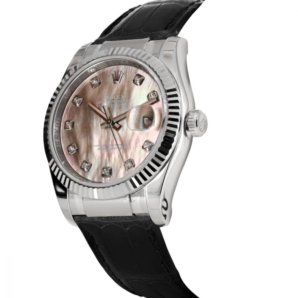 Men's Rolex 36mm DateJust White Gold Watch with Mother of Pearl Diamond Dial and Black Leather Band. (NEW 116139)