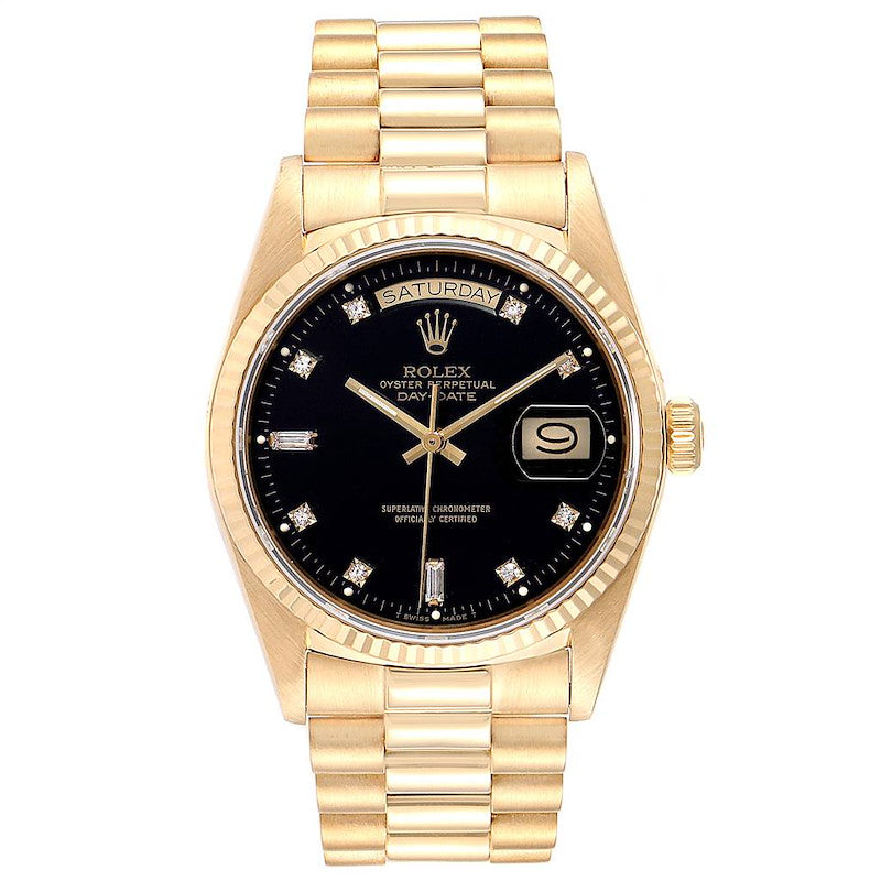 Men's Rolex 36mm Presidential 18K Yellow Gold Watch with Black Diamond Dial and Fluted Bezel. (Pre-Owned 18038)