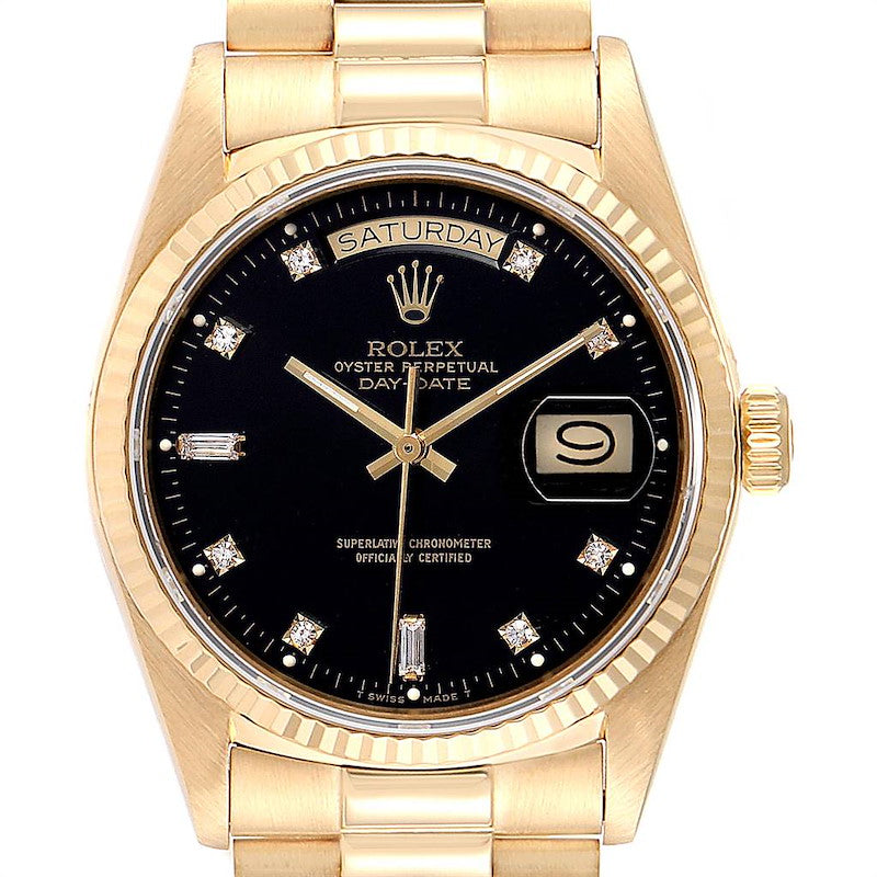 Men's Rolex 36mm Presidential 18K Yellow Gold Watch with Black Diamond Dial and Fluted Bezel. (Pre-Owned 18038)