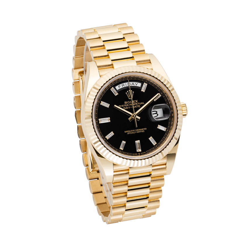 Men's Rolex Presidential II - 40mm Solid 18K Yellow Gold Watch with Black Diamond Dial and Fluted Bezel. (NEW 228238)