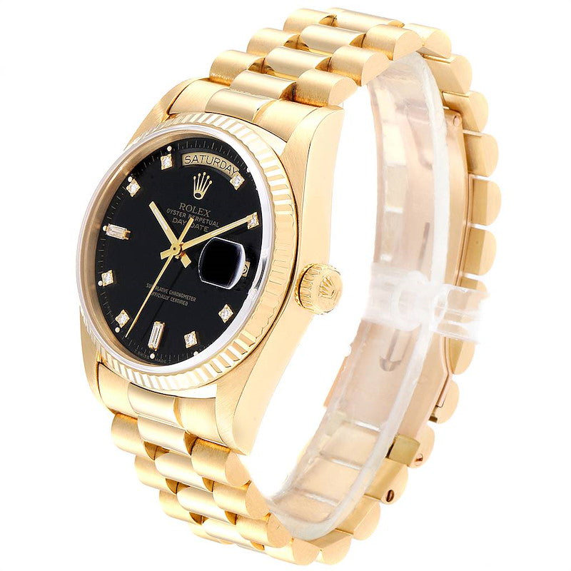 Men's Rolex 36mm Presidential 18K Yellow Gold Watch with Black Diamond Dial and Fluted Bezel. (Pre-Owned 18038)