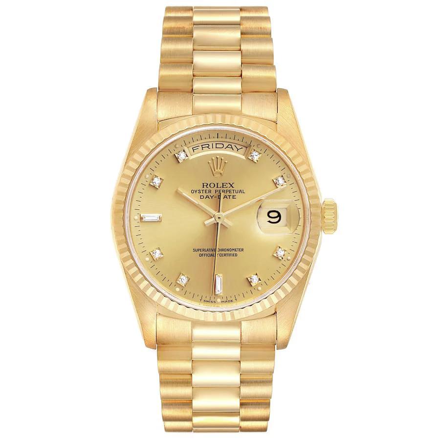 Men's Rolex 36mm Presidential 18K Yellow Gold Watch with Gold Diamond Dial and Fluted Bezel. (Pre-Owned 18238)