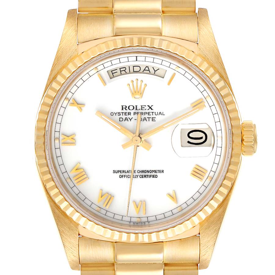 Men's Rolex 36mm Presidential Day-Date 18k Yellow Gold Watch with White Dial and Fluted Bezel. (Pre-Owned 18030)