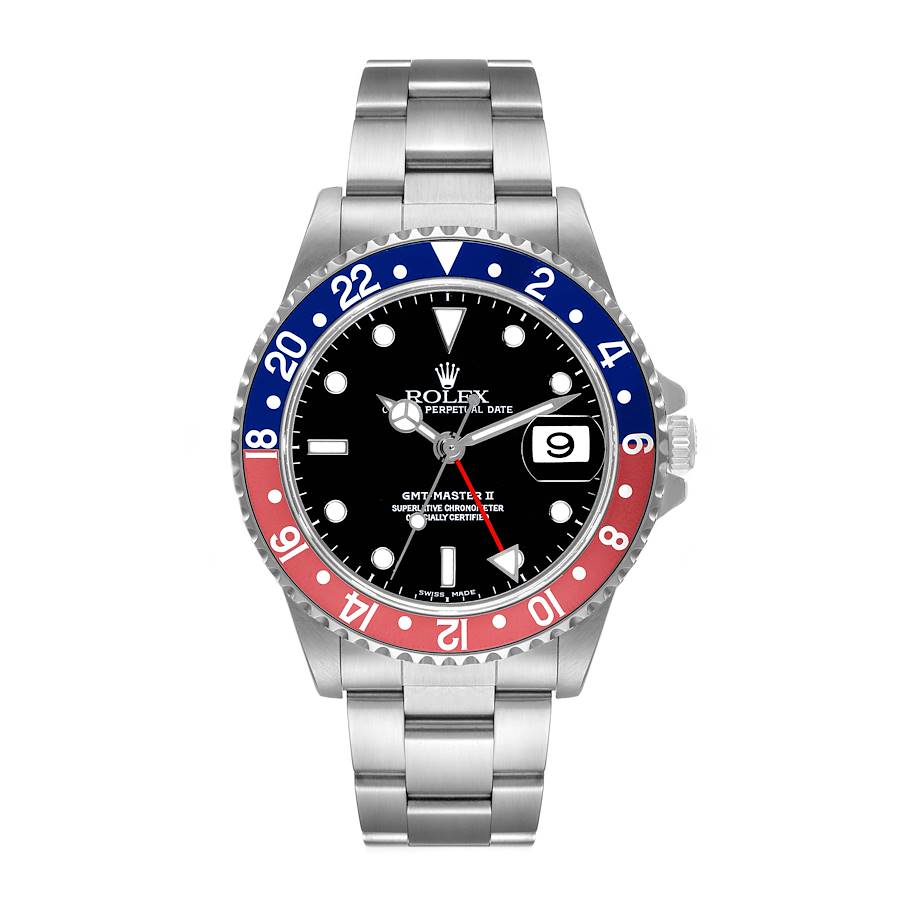 Men's Rolex 40mm GMT Master II Stainless Steel Watch with Black Dial and Pepsi Bezel. (Pre-Owned 16710)