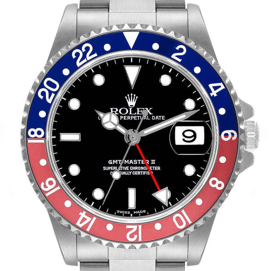 🏷️ PRICE CUT Men's Rolex 40mm GMT Master II Stainless Steel Watch with Black Dial and Pepsi Bezel. (Pre-Owned 16710)