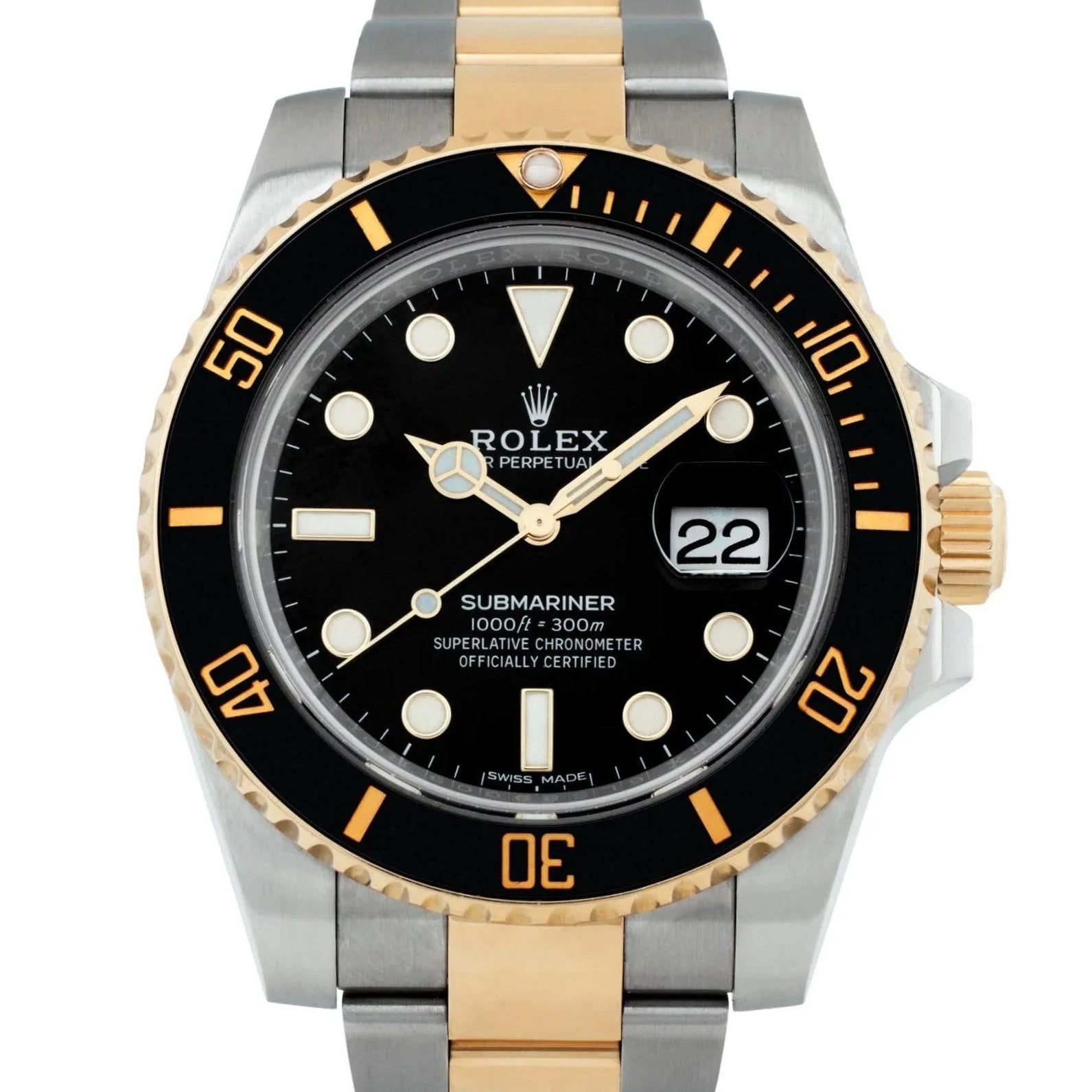 Men's Rolex 40mm Submariner Two Tone 18K Yellow Gold / Stainless Steel Watch with Black Dial and Black Bezel. (Pre-Owned 116613LN)