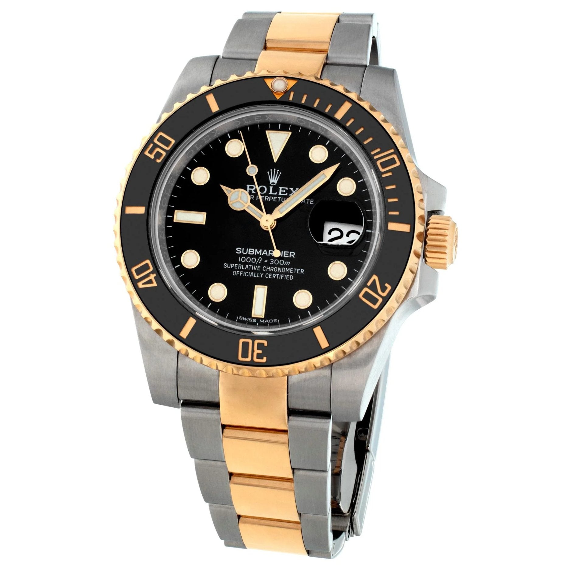 Men's Rolex 40mm Submariner Two Tone 18K Yellow Gold / Stainless Steel Watch with Black Dial and Black Bezel. (Pre-Owned 116613LN)