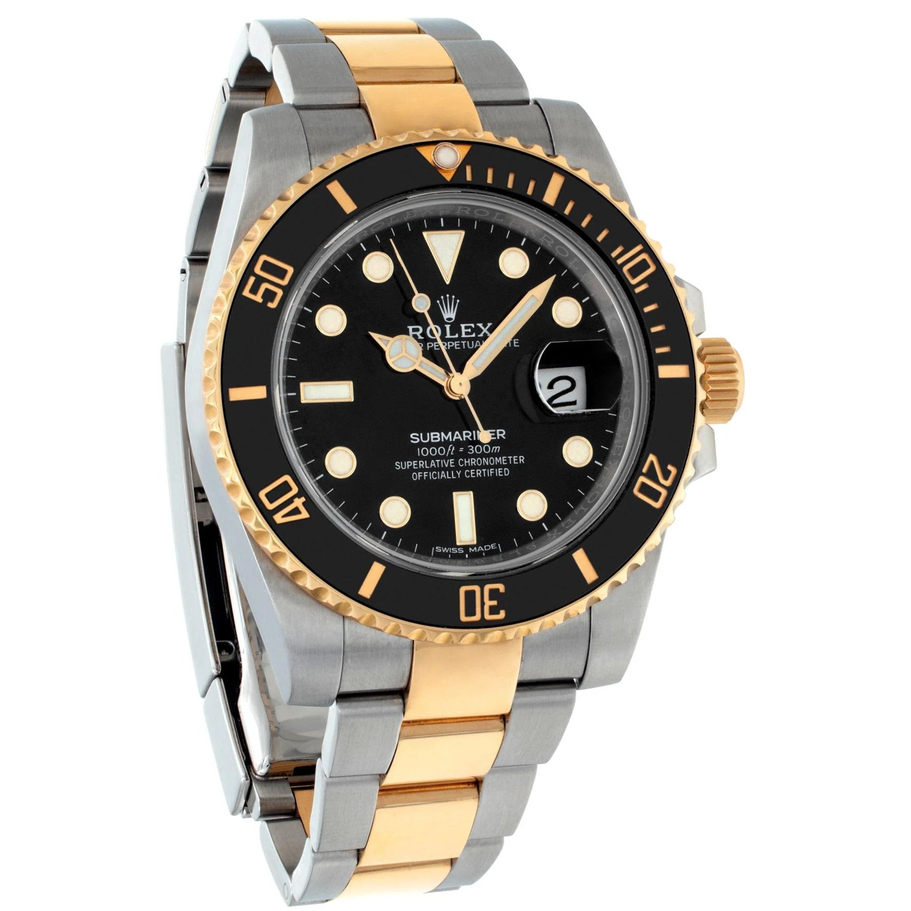 Men's Rolex 40mm Submariner Two Tone 18K Yellow Gold / Stainless Steel Watch with Black Dial and Black Bezel. (Pre-Owned 116613LN)