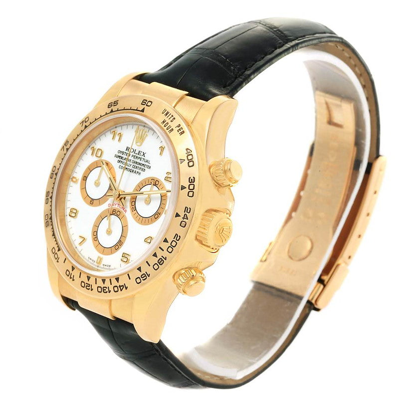 Men's Rolex 40mm Daytona 18K Yellow Gold Watch with Black Leather Strap and White Dial. (Pre-Owned 116518)