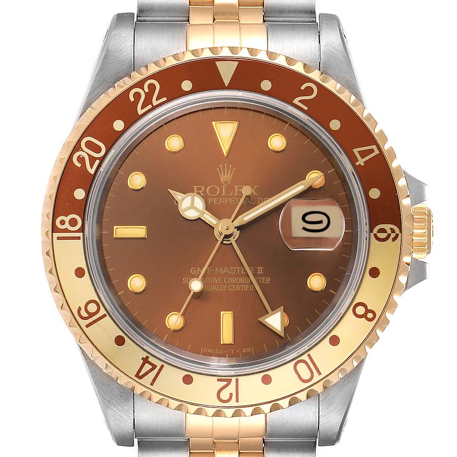 Men's Rolex GMT Master II 40mm Root Beer 18K Gold / Stainless Steel Two Tone Watch with Brown Bezel and Brown Dial. (Pre-Owned 16713)