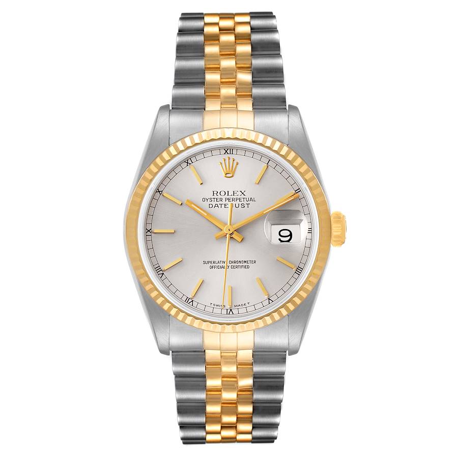 Men's Rolex 36mm DateJust 18K Yellow Gold / Stainless Steel Watch with Silver Dial, Jubilee Bracelet and Fluted Bezel. (Pre-Owned 112633)