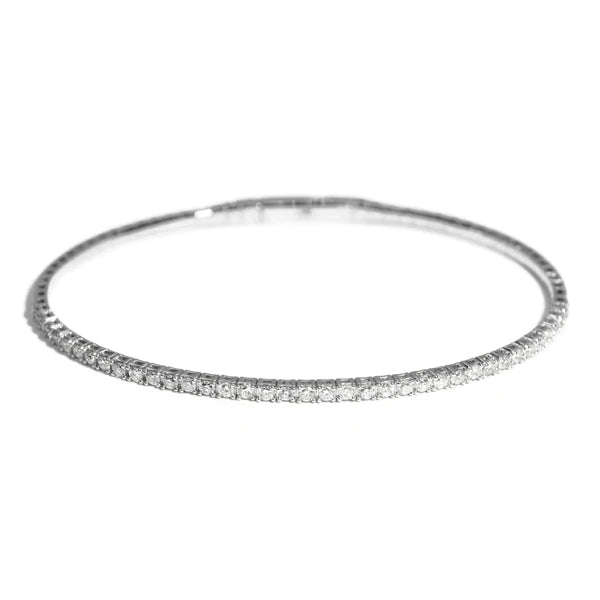 Woman's 14K White Gold 1.88 Carat Total Weight Round Brilliant Diamond 10.5 GR Half Round Diamond Flexible Bangle. (Size 7)