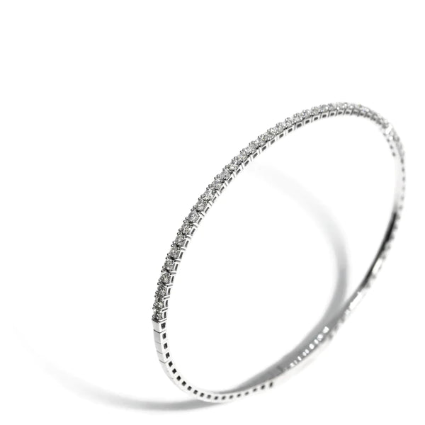 Woman's 14K White Gold 1.88 Carat Total Weight Round Brilliant Diamond 10.5 GR Half Round Diamond Flexible Bangle. (Size 7)