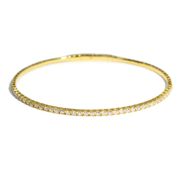 Woman's 14K Yellow Gold 1.88 Carat Total Weight Round Brilliant Diamond 10.5 GR Half Round Diamond Flexible Bangle. (Size 7)