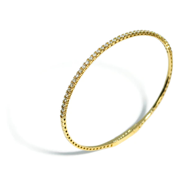 Woman's 14K Yellow Gold 1.88 Carat Total Weight Round Brilliant Diamond 10.5 GR Half Round Diamond Flexible Bangle. (Size 7)
