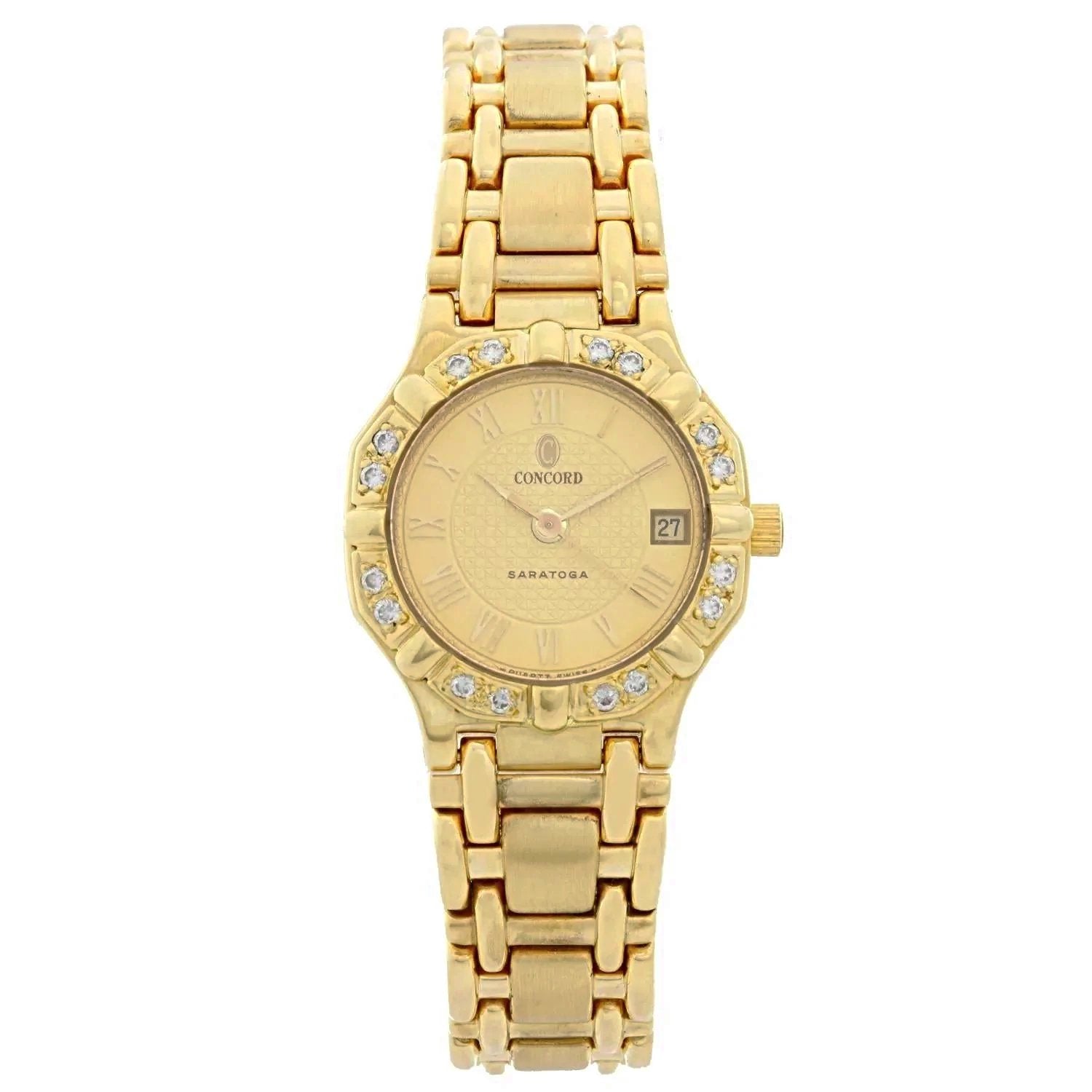 Ladies Concord Sarento 24mm Solid 18K Yellow Gold Band Watch with Roman Numeral Gold Dial and Diamond Bezel. (Pre-Owned)