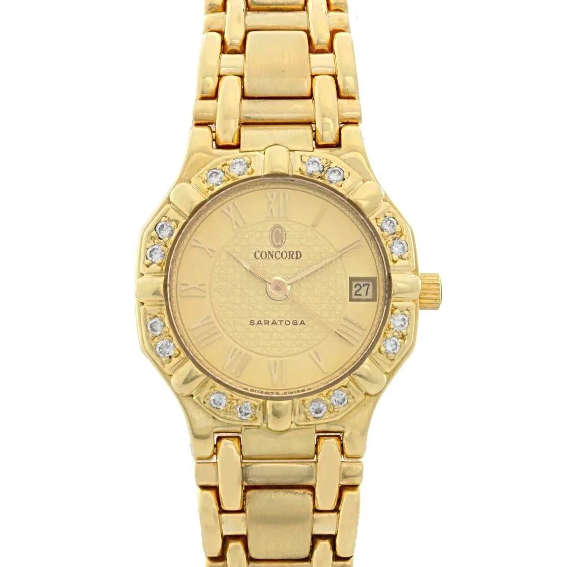 Ladies Concord Sarento 24mm Solid 18K Yellow Gold Band Watch with Roman Numeral Gold Dial and Diamond Bezel. (Pre-Owned)