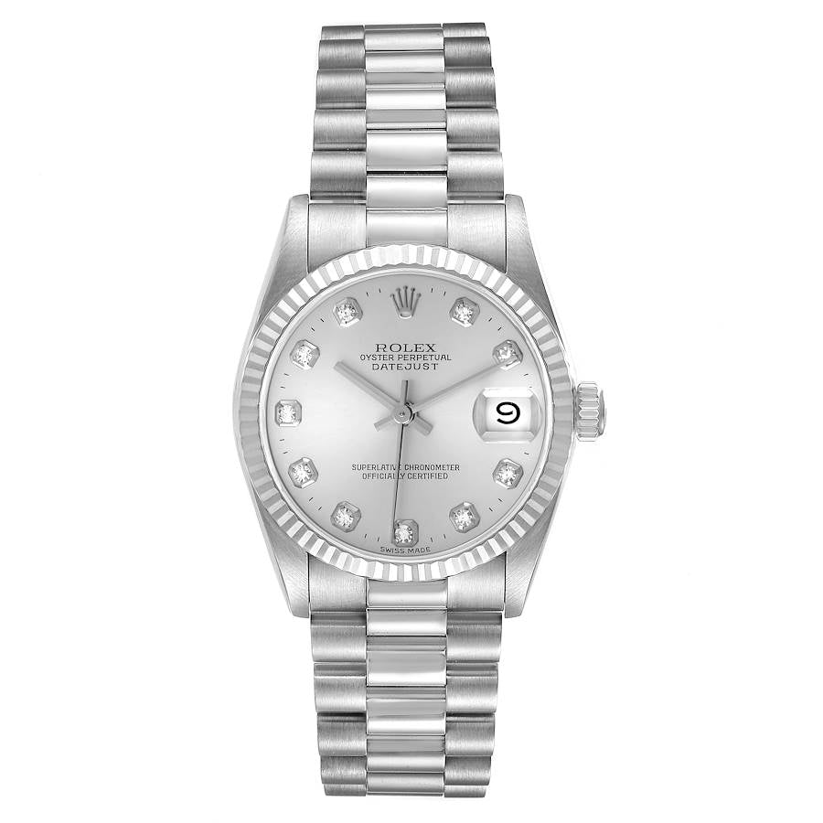 Ladies Rolex 31mm Midsize DateJust Presidential 18K White Gold Watch with Silver Diamond Dial and Fluted Bezel. (Pre-Owned 68279)