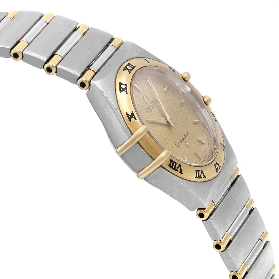 Ladies Omega 22mm Constellation 18K Two Tone Watch with Gold Dial and Fixed Roman Numeral Bezel. (Pre-Owned)