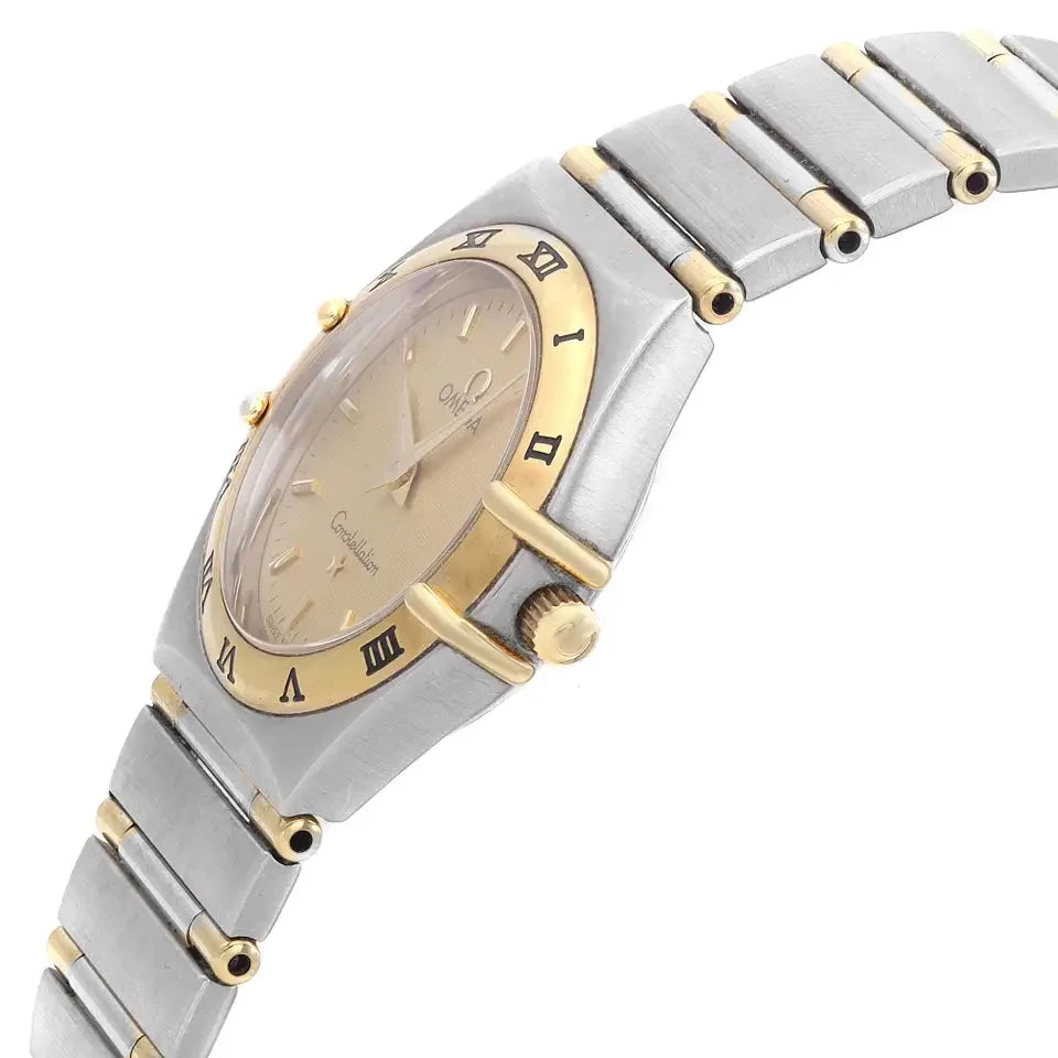 Ladies Omega 22mm Constellation 18K Two Tone Watch with Gold Dial and Fixed Roman Numeral Bezel. (Pre-Owned)