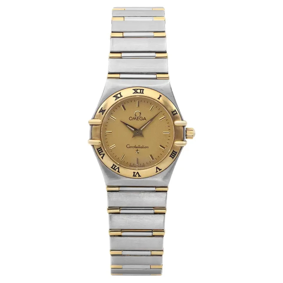 Ladies Omega 22mm Constellation 18K Two Tone Watch with Gold Dial and Fixed Roman Numeral Bezel. (Pre-Owned)