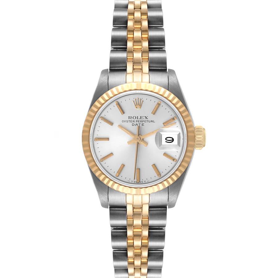 Ladies Rolex 26mm Date 14K Gold Yellow / Stainless Steel Two Tone Watch with Silver Dial and Fluted Bezel. (Pre-Owned)