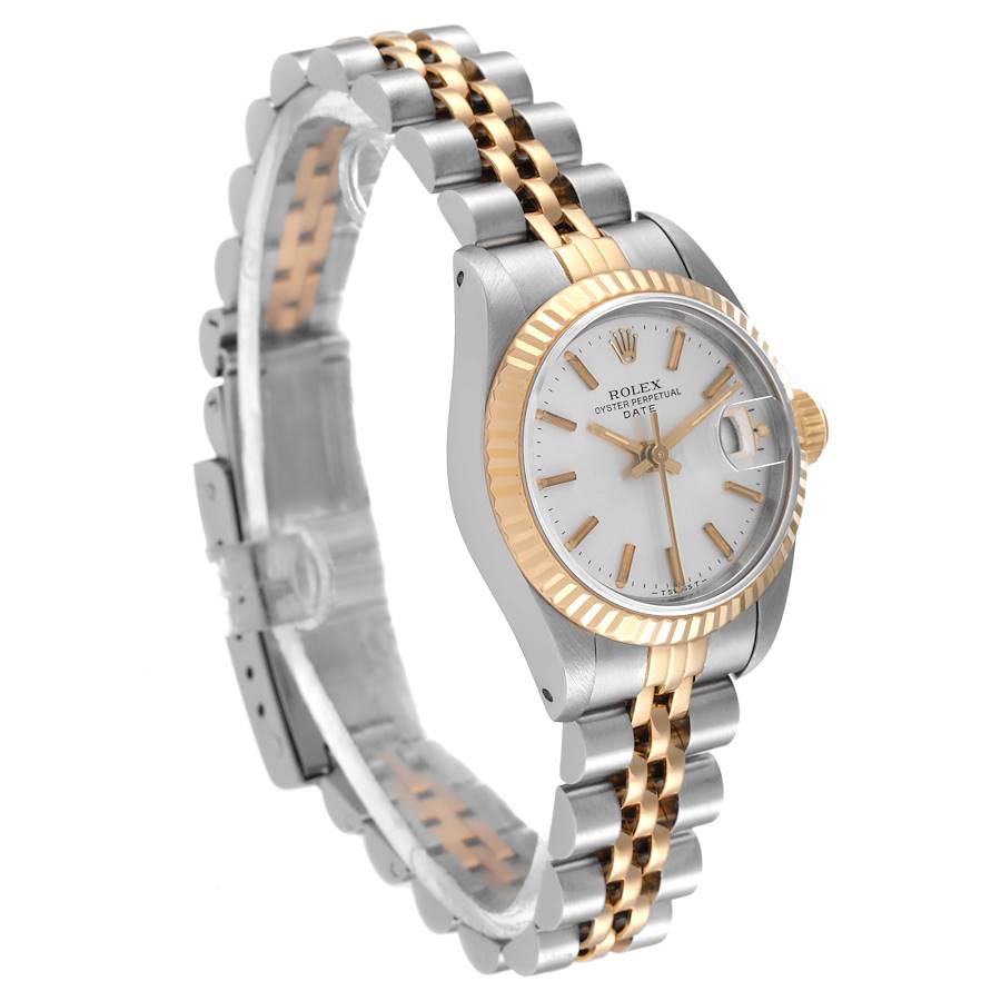 Ladies Rolex 26mm Date 14K Gold Yellow / Stainless Steel Two Tone Watch with Silver Dial and Fluted Bezel. (Pre-Owned)