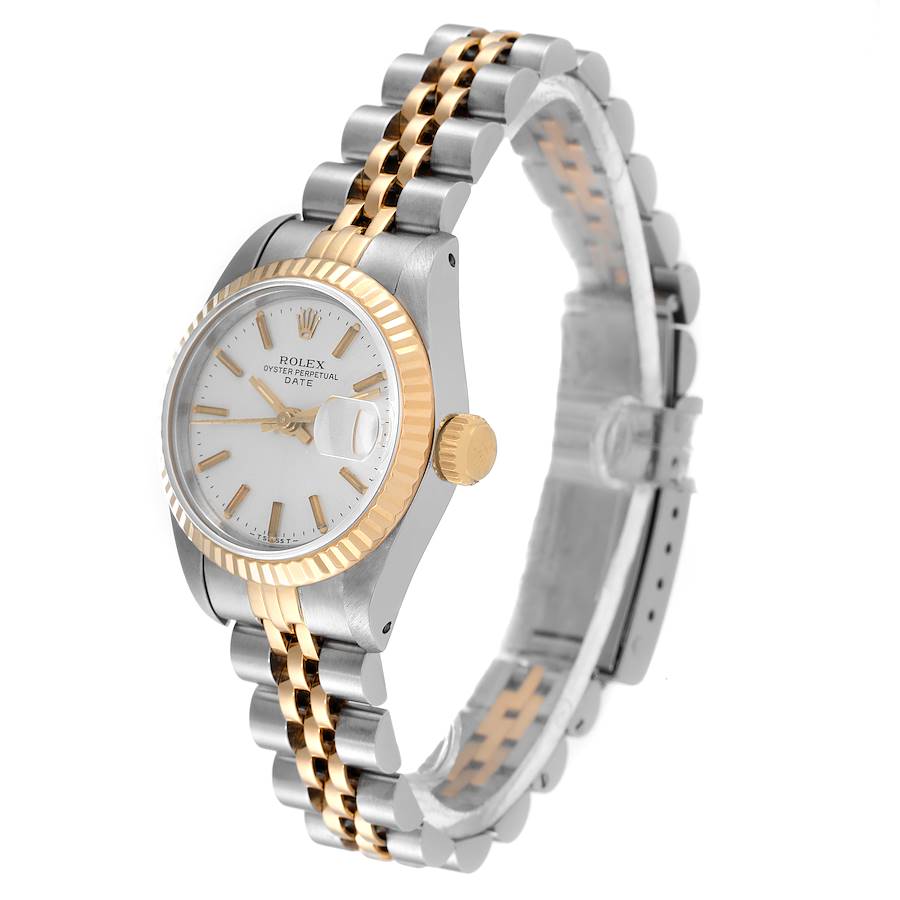 Ladies Rolex 26mm Date 14K Gold Yellow / Stainless Steel Two Tone Watch with Silver Dial and Fluted Bezel. (Pre-Owned)