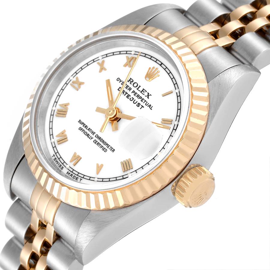 Ladies Rolex 26mm DateJust 18K Yellow Gold / Stainless Steel Two Tone Watch with Roman Numerals White Dial and Fluted Bezel. (Pre-Owned 69173)