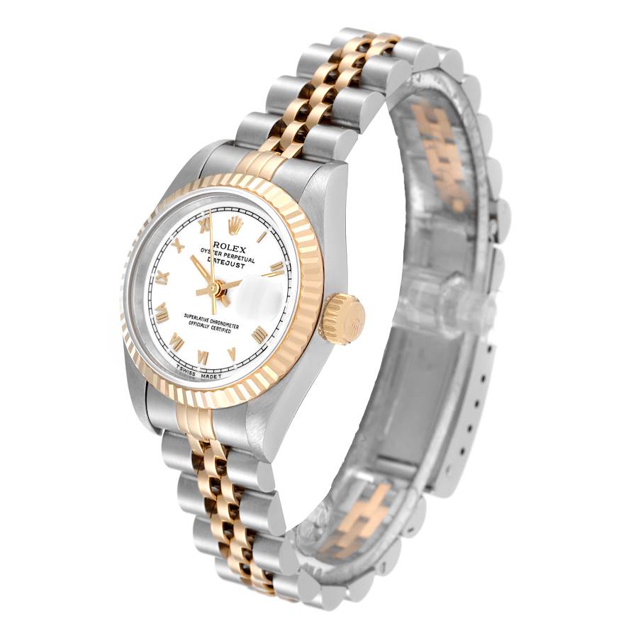 Ladies Rolex 26mm DateJust 18K Yellow Gold / Stainless Steel Two Tone Watch with Roman Numerals White Dial and Fluted Bezel. (Pre-Owned 69173)