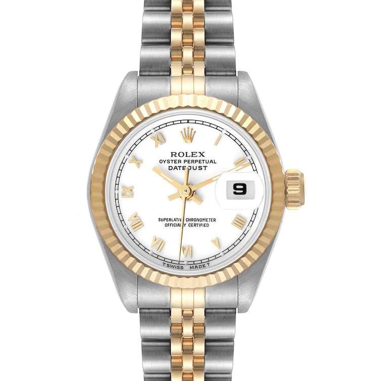 Ladies Rolex 26mm DateJust 18K Yellow Gold / Stainless Steel Two Tone Watch with Roman Numerals White Dial and Fluted Bezel. (Pre-Owned 69173)