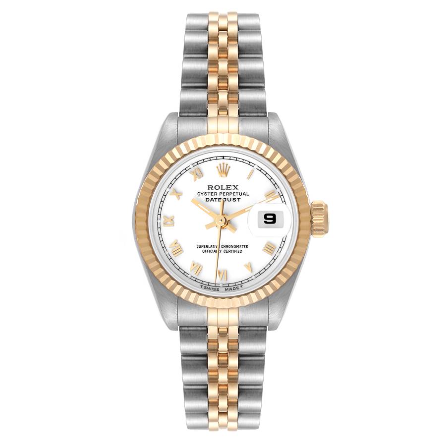 Ladies Rolex 26mm DateJust 18K Yellow Gold / Stainless Steel Two Tone Watch with Roman Numerals White Dial and Fluted Bezel. (Pre-Owned 69173)