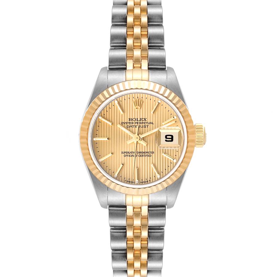 Ladies Rolex 26mm DateJust Two Tone 18K Yellow Gold / Stainless Steel Watch with Gold Tapestry Dial and Fluted Bezel. (Pre-Owned 79173)