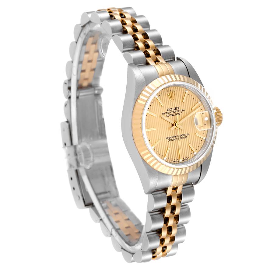 Ladies Rolex 26mm DateJust Two Tone 18K Yellow Gold / Stainless Steel Watch with Gold Tapestry Dial and Fluted Bezel. (Pre-Owned 79173)