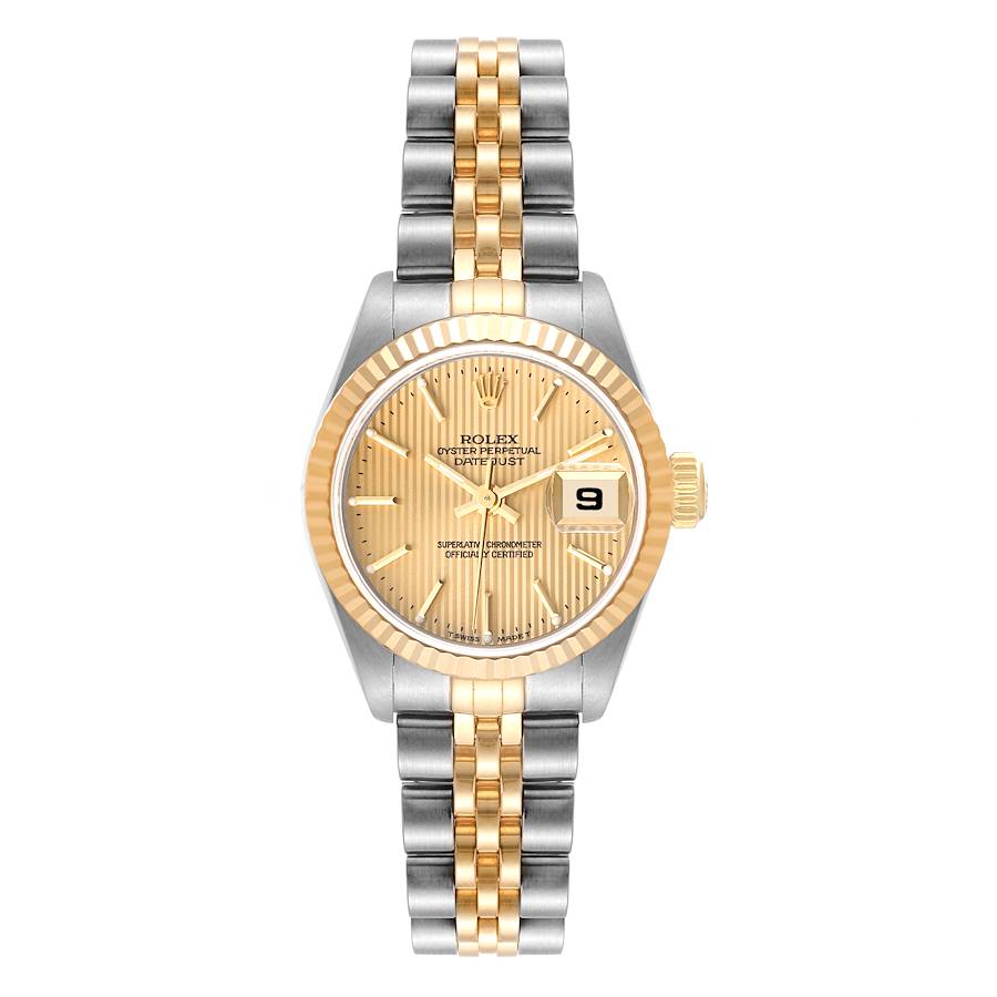 Ladies Rolex 26mm DateJust Two Tone 18K Yellow Gold / Stainless Steel Watch with Gold Tapestry Dial and Fluted Bezel. (Pre-Owned 79173)