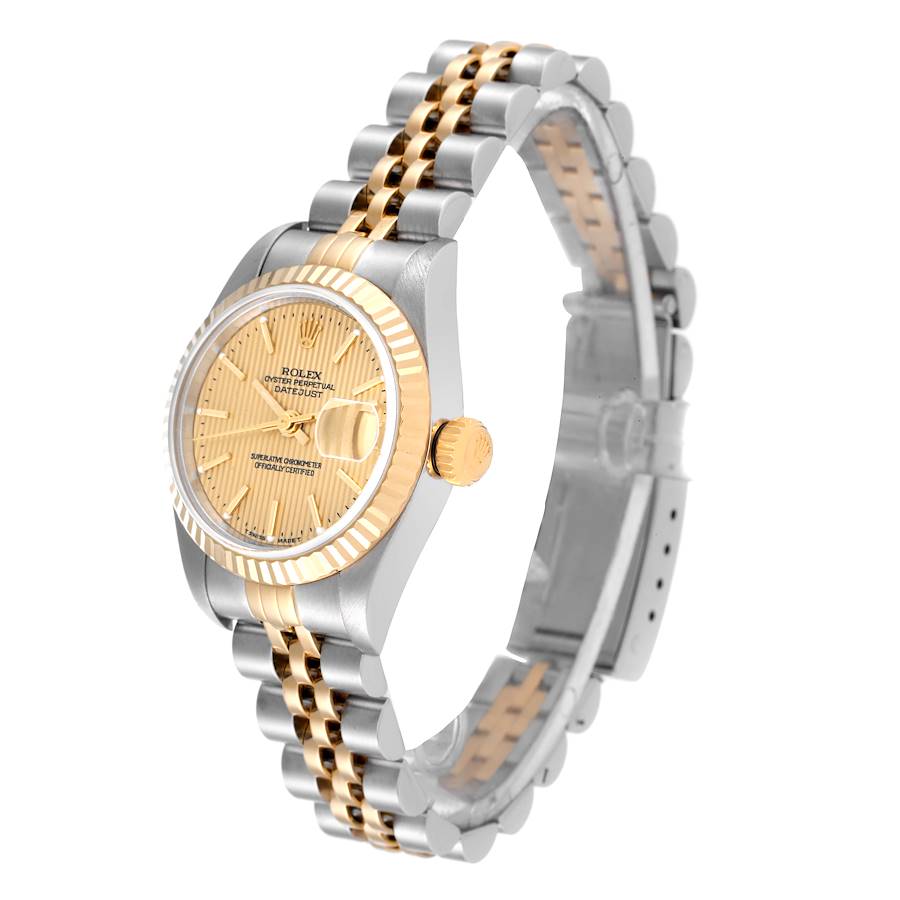 Ladies Rolex 26mm DateJust Two Tone 18K Yellow Gold / Stainless Steel Watch with Gold Tapestry Dial and Fluted Bezel. (Pre-Owned 79173)