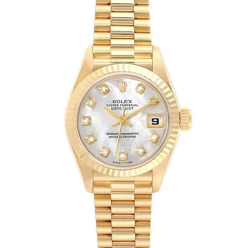 Ladies Rolex 26mm Presidential 18K Solid Yellow Gold Watch with Mother of Pearl Diamond Dial and Fluted Bezel. (Pre-Owned)