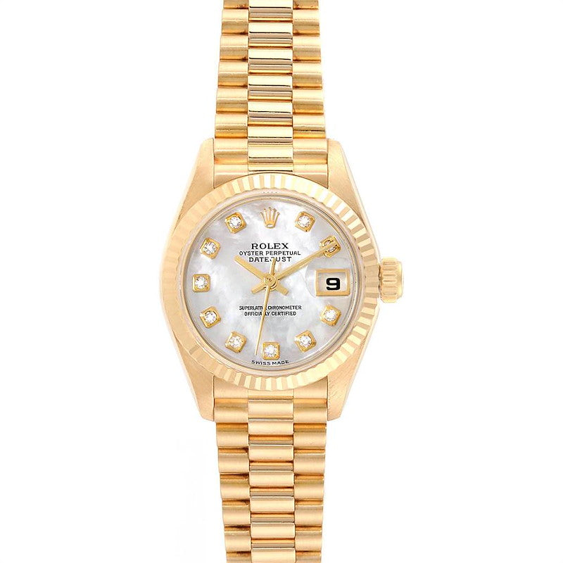 Ladies Rolex 26mm Presidential 18K Solid Yellow Gold Watch with Mother of Pearl Diamond Dial and Fluted Bezel. (Pre-Owned)