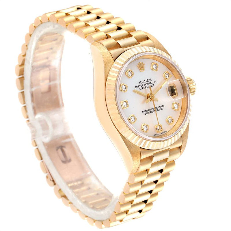 Ladies Rolex 26mm Presidential 18K Solid Yellow Gold Watch with Mother of Pearl Diamond Dial and Fluted Bezel. (Pre-Owned)