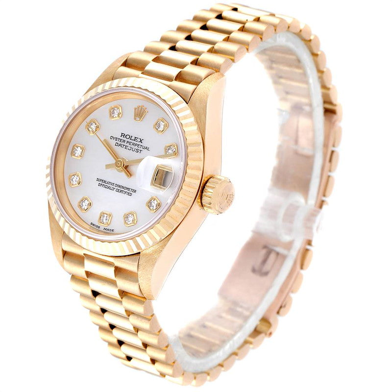 Ladies Rolex 26mm Presidential 18K Solid Yellow Gold Watch with Mother of Pearl Diamond Dial and Fluted Bezel. (Pre-Owned)