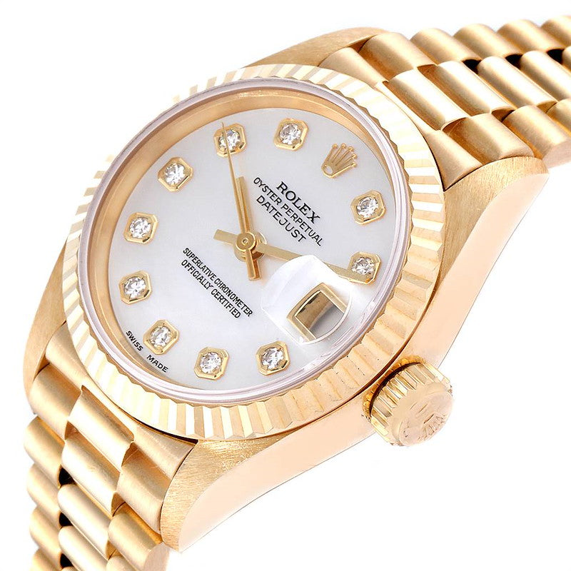 Ladies Rolex 26mm Presidential 18K Solid Yellow Gold Watch with Mother of Pearl Diamond Dial and Fluted Bezel. (Pre-Owned)