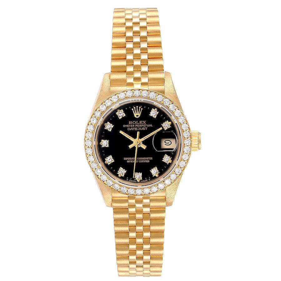 Ladies Rolex 26mm Presidential 18K Yellow Gold Watch with Black Diamond Dial and Diamond Bezel. (Pre-Owned)