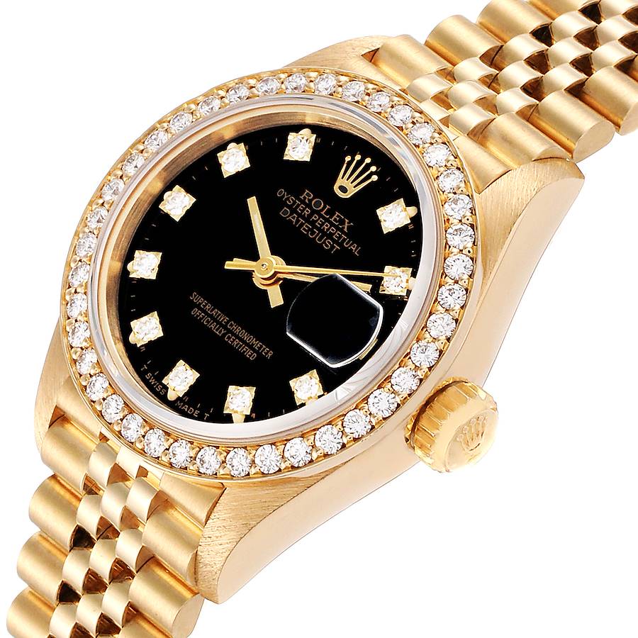 Ladies Rolex 26mm Presidential 18K Yellow Gold Watch with Black Diamond Dial and Diamond Bezel. (Pre-Owned)