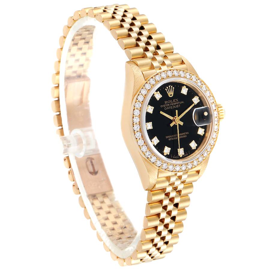 Ladies Rolex 26mm Presidential 18K Yellow Gold Watch with Black Diamond Dial and Diamond Bezel. (Pre-Owned)