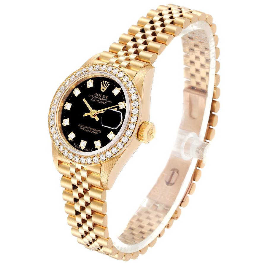 Ladies Rolex 26mm Presidential 18K Yellow Gold Watch with Black Diamond Dial and Diamond Bezel. (Pre-Owned)