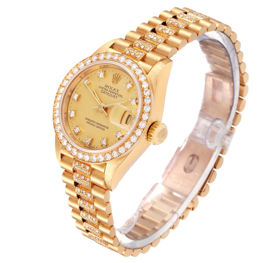 Ladies Rolex 26mm Presidential 18K Yellow Gold Watch with Champagne Diamond Dial, Diamond on Bracelet and Diamond Bezel. (Pre-Owned)