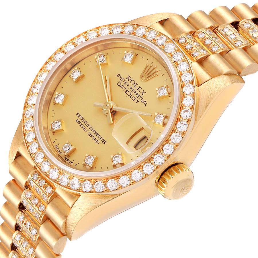 Ladies Rolex 26mm Presidential 18K Yellow Gold Watch with Champagne Diamond Dial, Diamond on Bracelet and Diamond Bezel. (Pre-Owned)