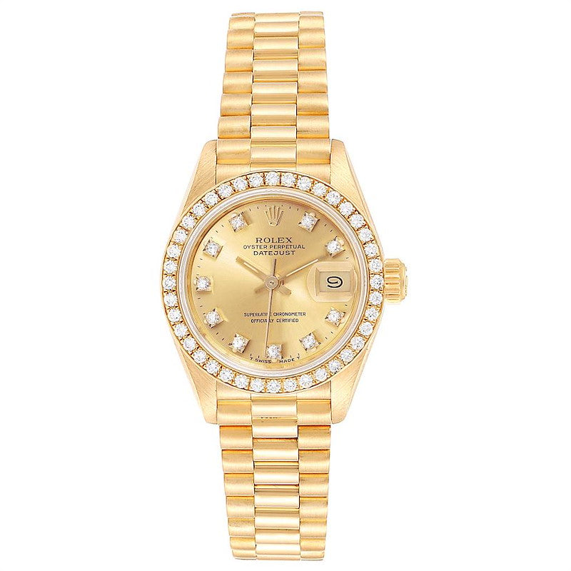 Ladies Rolex 26mm Presidential 18K Yellow Gold Watch with Gold Diamond Dial and Diamond Bezel. (Pre-Owned 69178)