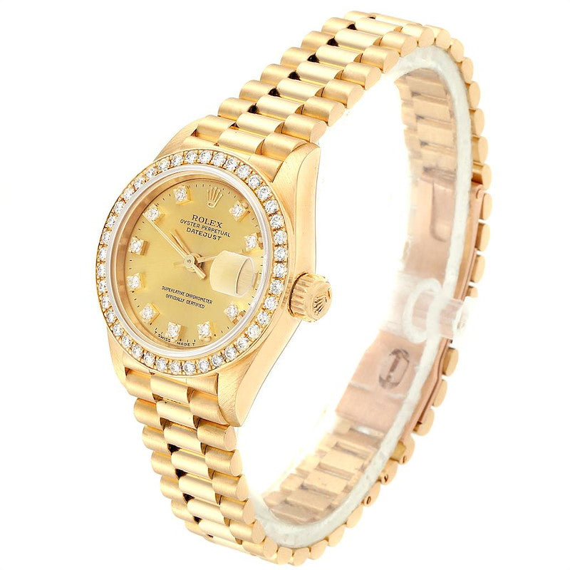 Ladies Rolex 26mm Presidential 18K Yellow Gold Watch with Gold Diamond Dial and Diamond Bezel. (Pre-Owned 69178)