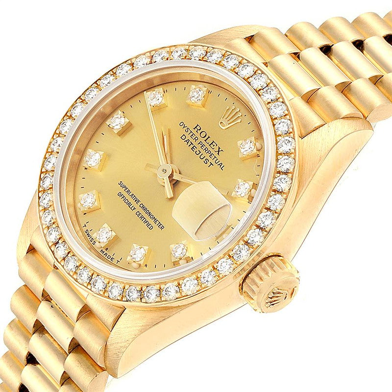 Ladies Rolex 26mm Presidential 18K Yellow Gold Watch with Gold Diamond Dial and Diamond Bezel. (Pre-Owned 69178)